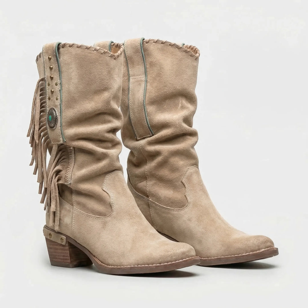 Elegant women's mid-calf fringe western boots, Caroline design, with pointed toe and block heel.