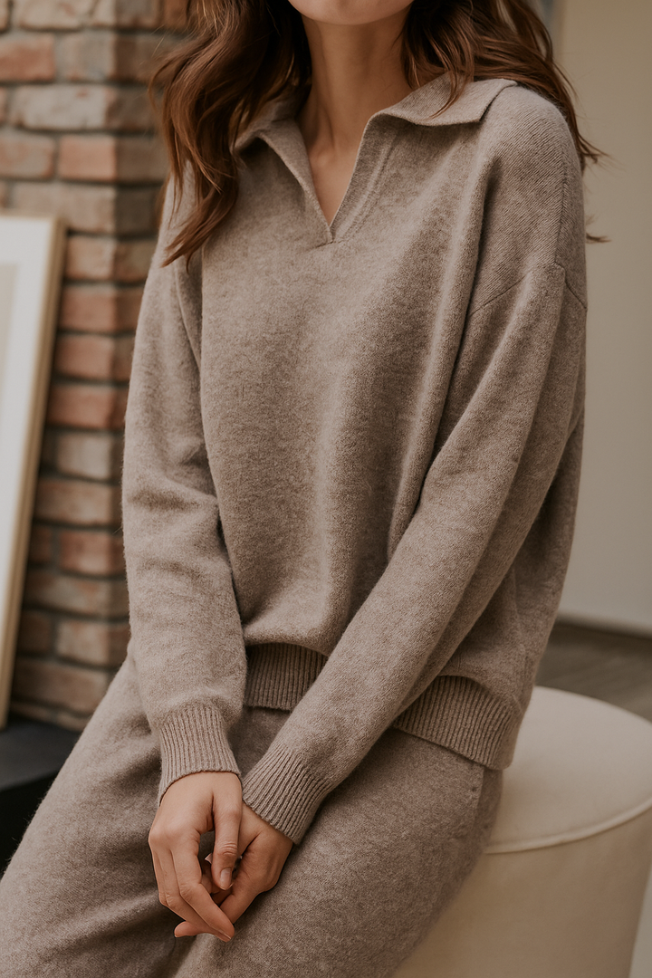 Women's lounge set made from premium cashmere blend knit, including a polo top & harem pants