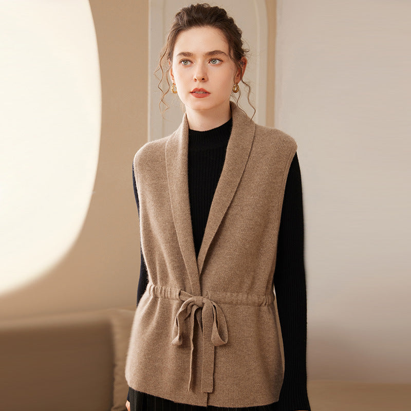 Women's winter fashion: soft cashmere blend belted knit vest, sleeveless style