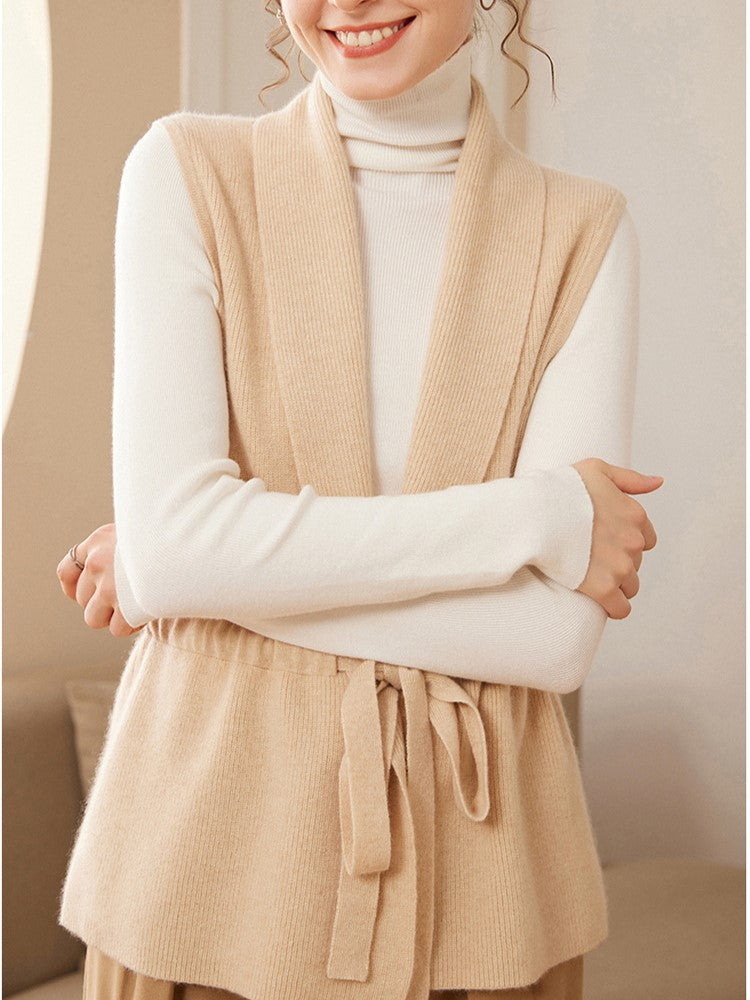 Versatile women's cashmere blend belted knit vest, perfect for any outfit
