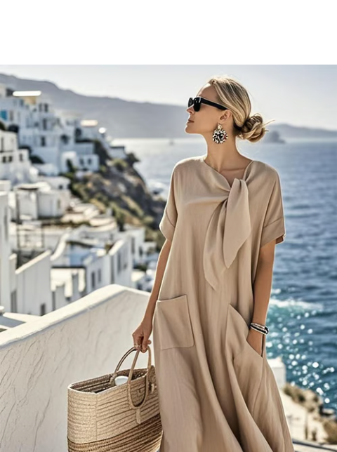 Comfortable A-line midi dress for women, short sleeves, pockets, versatile everyday summer style.