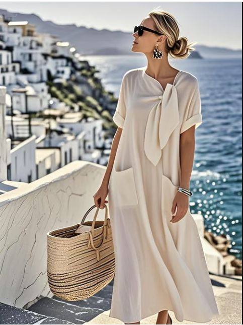Casual A-line midi dress for women, with short sleeves, tie-neck, and practical pockets for summer.