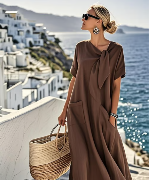 Versatile women's short-sleeve A-line midi dress, casual, with tie-neck & pockets for everyday wear.