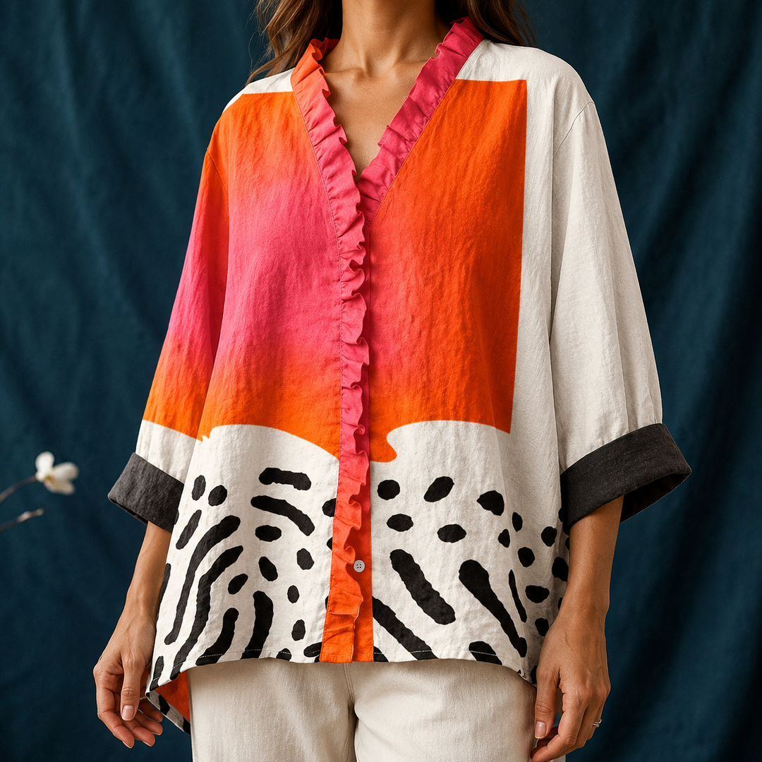 Fashionable ladies' long-sleeve blouse, unique abstract block print, ruffled collar, perfect for casual wear.
