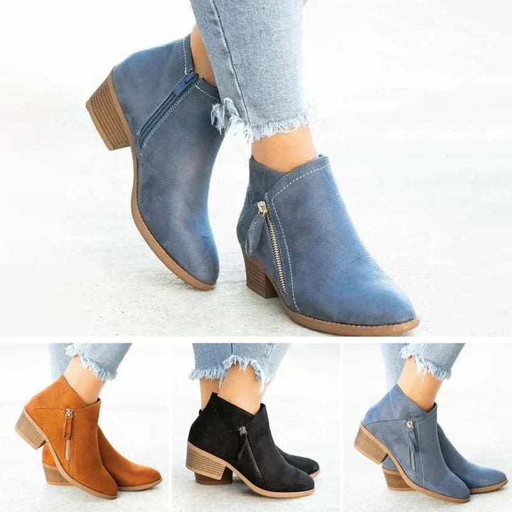 Elegant women's ankle boots: pointed toe, block heel, and side zip. Comfortable casual footwear for ladies.