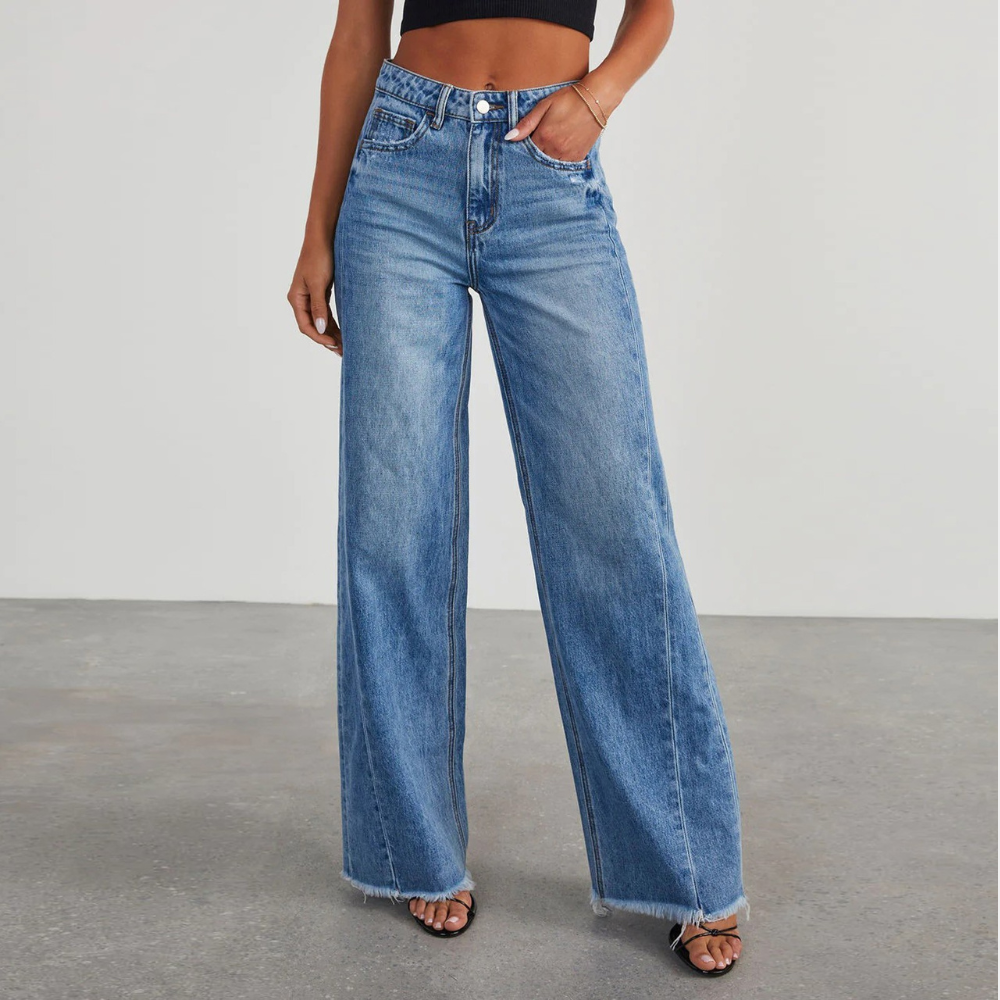 Women's casual blue wide-leg high-waisted jeans, perfect for a relaxed yet stylish look.