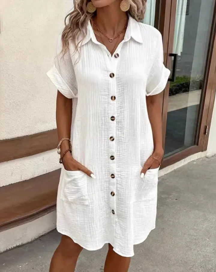 Women's casual button-down collared mini shirt dress, versatile style for everyday fashion.