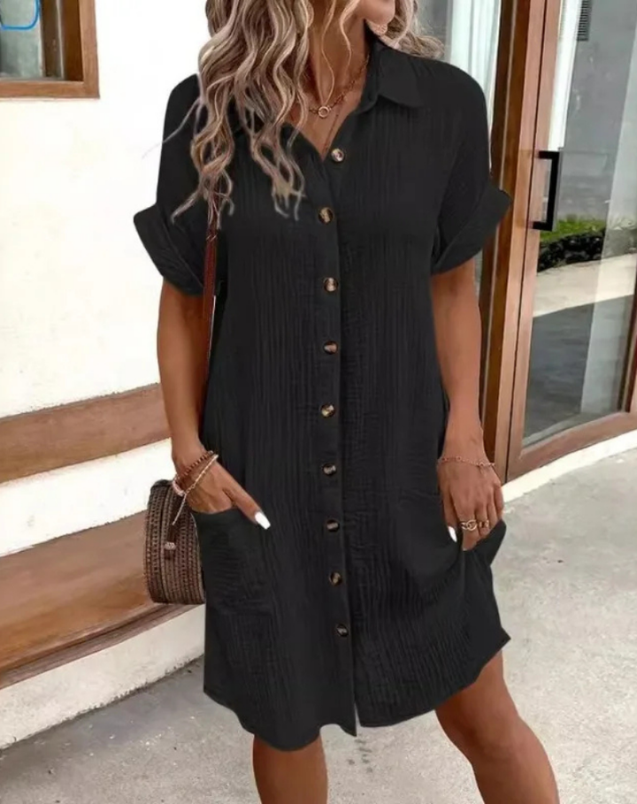 Everyday women's collared mini shirt dress, button-down and casual, ideal for versatile clothing.