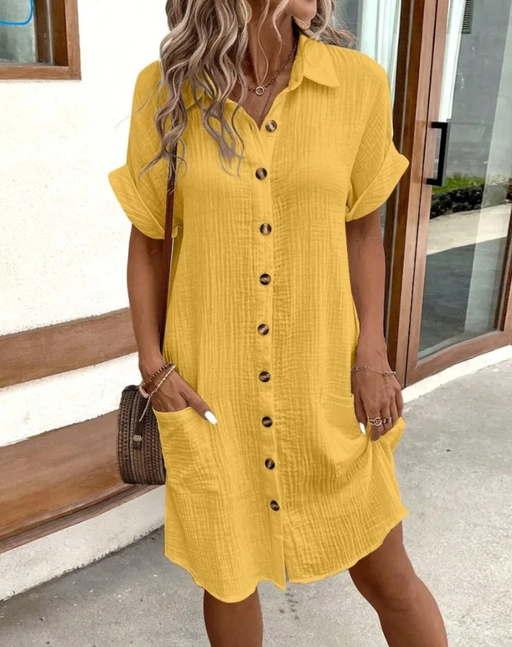 Fashionable women's casual mini dress featuring a button-down design and chic collared shirt style.