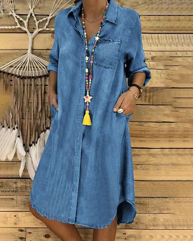 Women's casual button-front mini dress with pockets in a relaxed fit, perfect for summer everyday wear.
