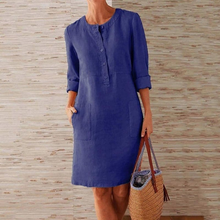 Women's casual button-front shift midi dress with pockets. Relaxed fit, perfect for summer & spring everyday wear.