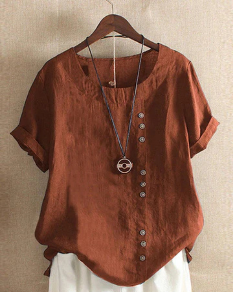 Chic women's button-front tunic top, round neck short sleeve blouse for relaxed summer style & everyday wear.