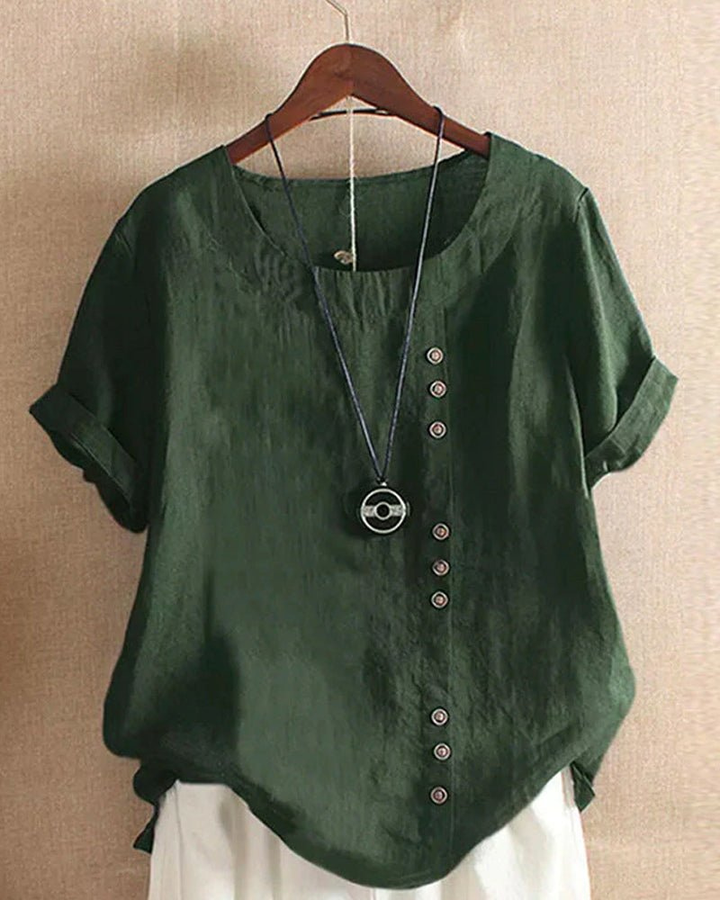 Soft women's casual button-front tunic, short sleeve round neck blouse for comfortable, relaxed summer style.