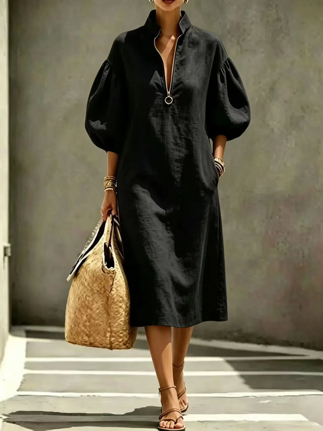 Versatile women's casual chic midi dress featuring relaxed fit & elegant bubble sleeves, perfect for spring/summer occasions.
