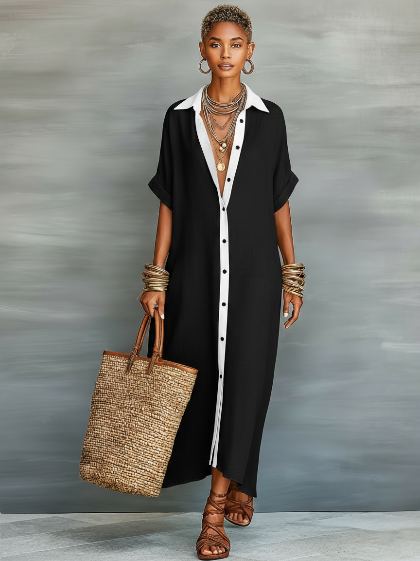 Versatile women's oversized maxi shirt dress, collared with button front. Ideal casual summer outfit.