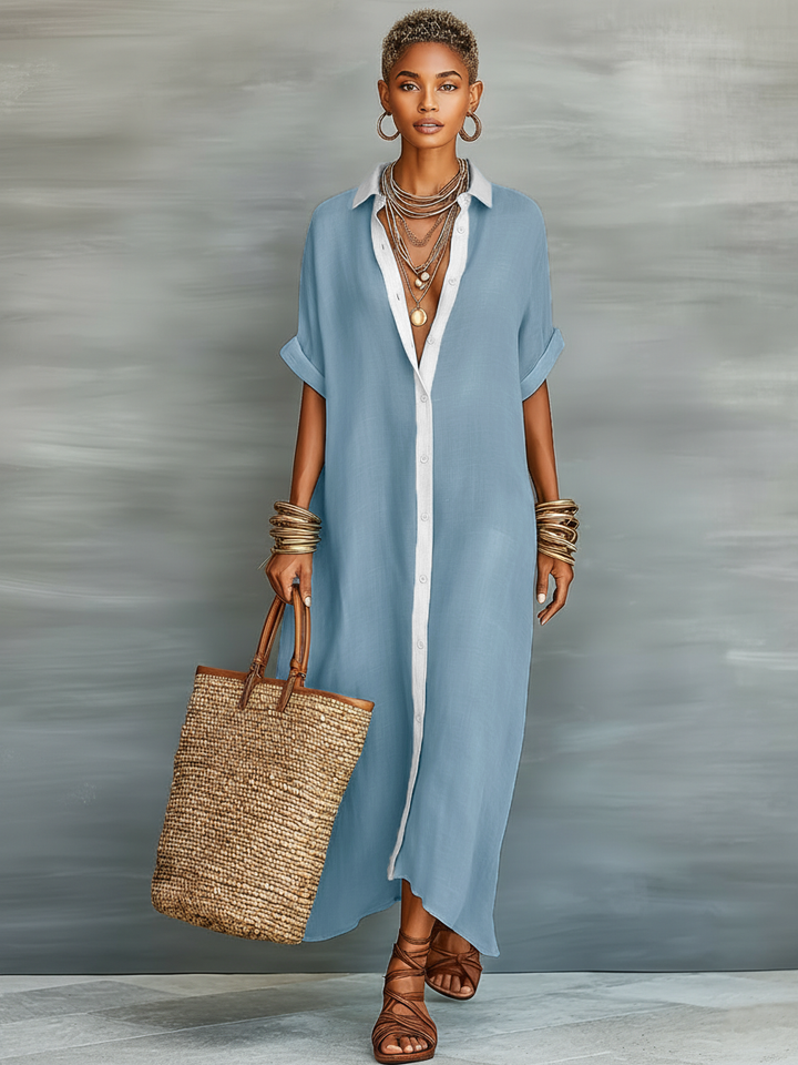 Relaxed fit women's collared button front maxi shirt dress. Flowy design for comfortable casual wear.