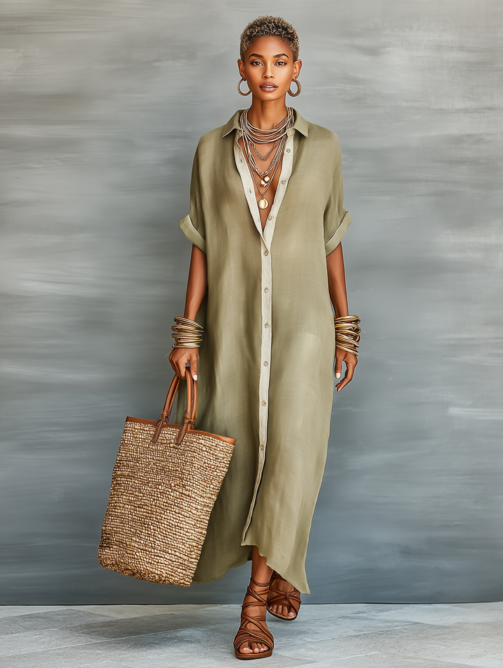 Oversized women's collared button front maxi shirt dress with elbow sleeves, perfect for summer casual.