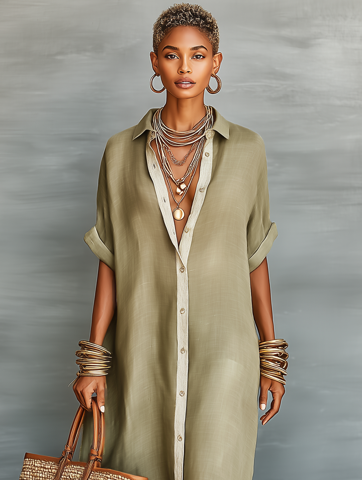 Chic women's casual collared button front maxi shirt dress. Flowy for relaxed everyday summer style.