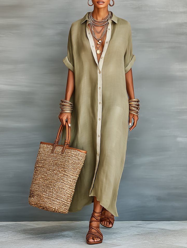 Women's collared button front maxi shirt dress. Oversized, flowy, and perfect for casual summer wear.