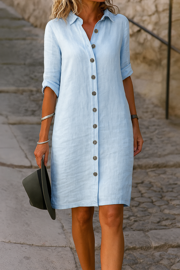 Women's casual collared dress, roll tab sleeves, knee-length, perfect for summer outings.