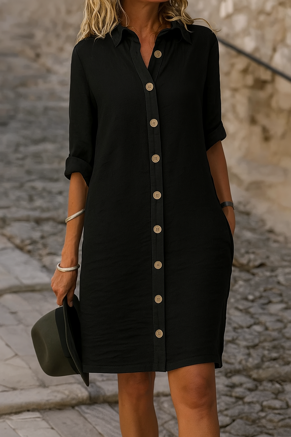 Women's casual collared dress, button front, knee-length, with roll tab sleeves.