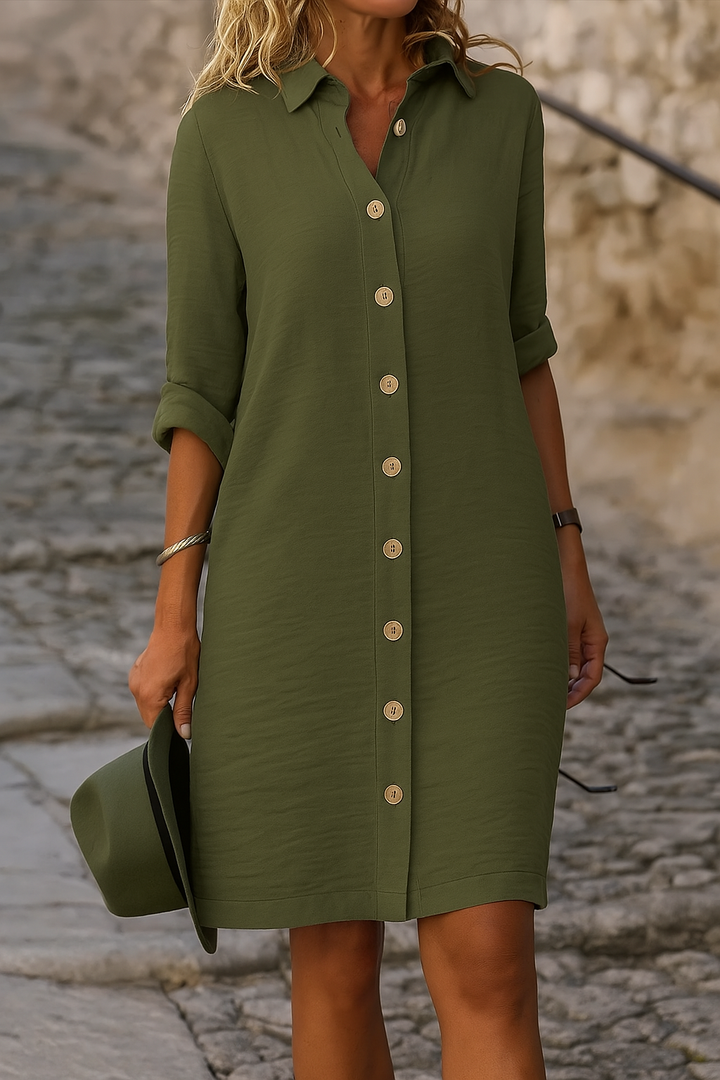 Stylish women's summer day dress, collared, roll tab sleeves, perfect for casual wear.