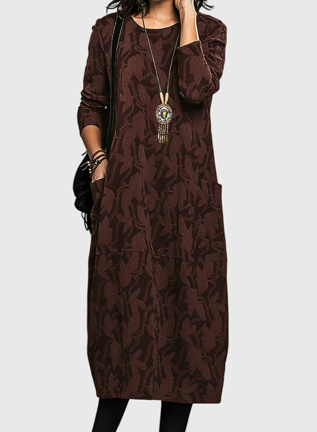 Comfortable women's long sleeve floral midi dress with pockets. A stylish choice for casual fall and winter outfits.