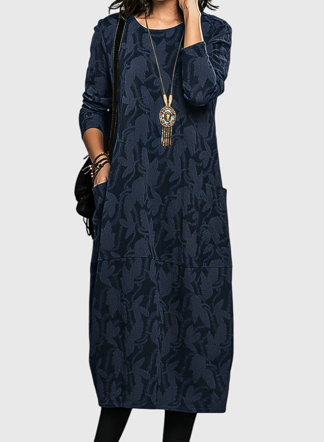 Elegant women's plus size floral midi dress, long sleeves & pockets. Perfect for cozy and stylish fall/winter fashion.
