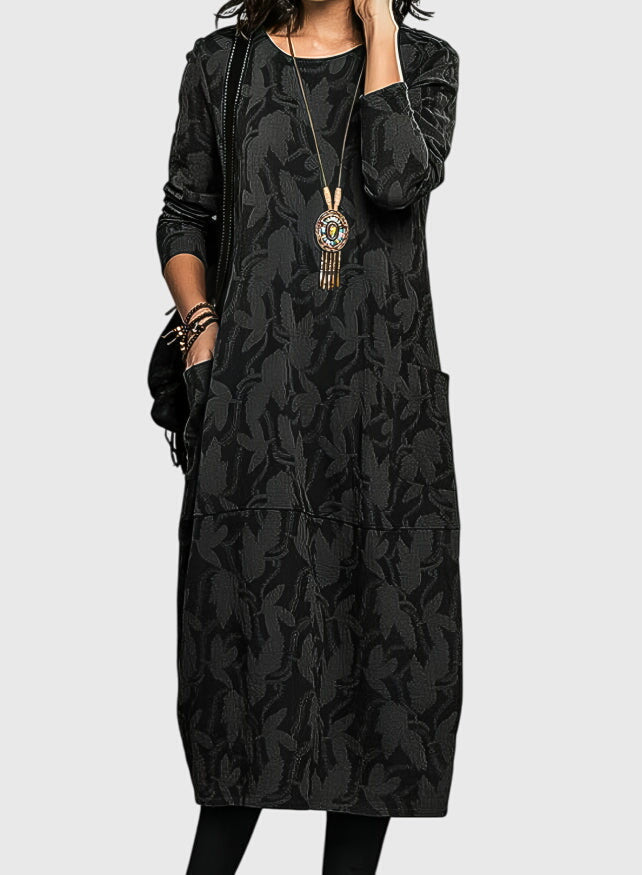 Versatile women's floral pattern midi dress with long sleeves & pockets. Essential casual wear for fall & winter.