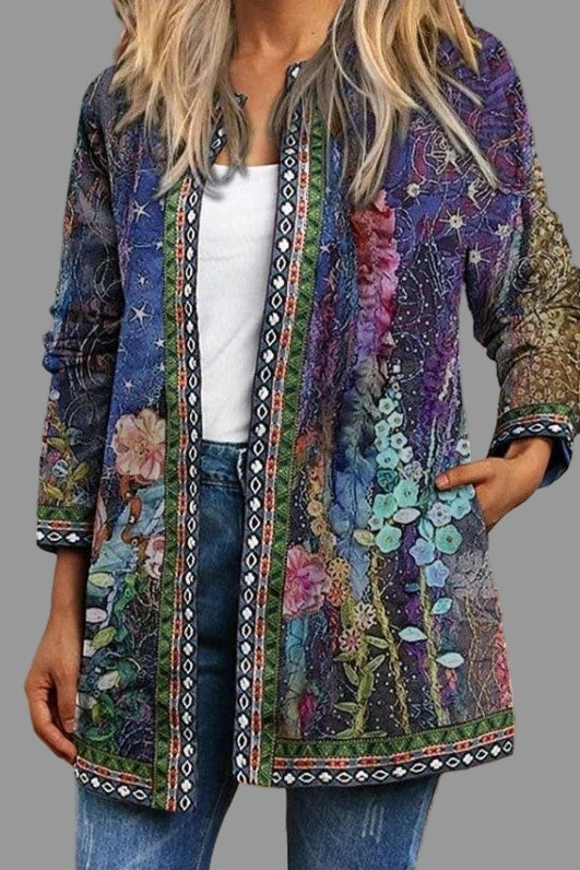 Women's casual floral printed cardigan, open front, long sleeve for spring & fall layering.