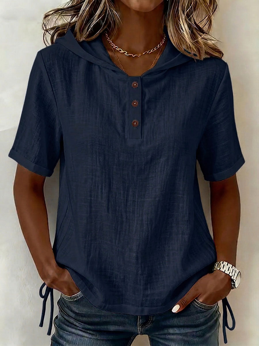 Stylish women's hooded shirt, long sleeve, casual everyday wear, button front, versatile for summer.
