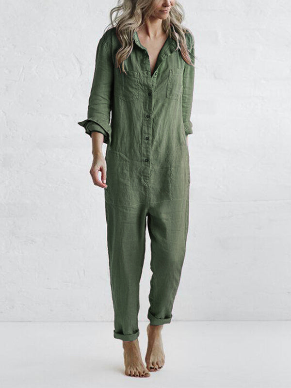 Women's casual long sleeve button-up jumpsuit. Relaxed fit, comfortable one-piece for daily wear.