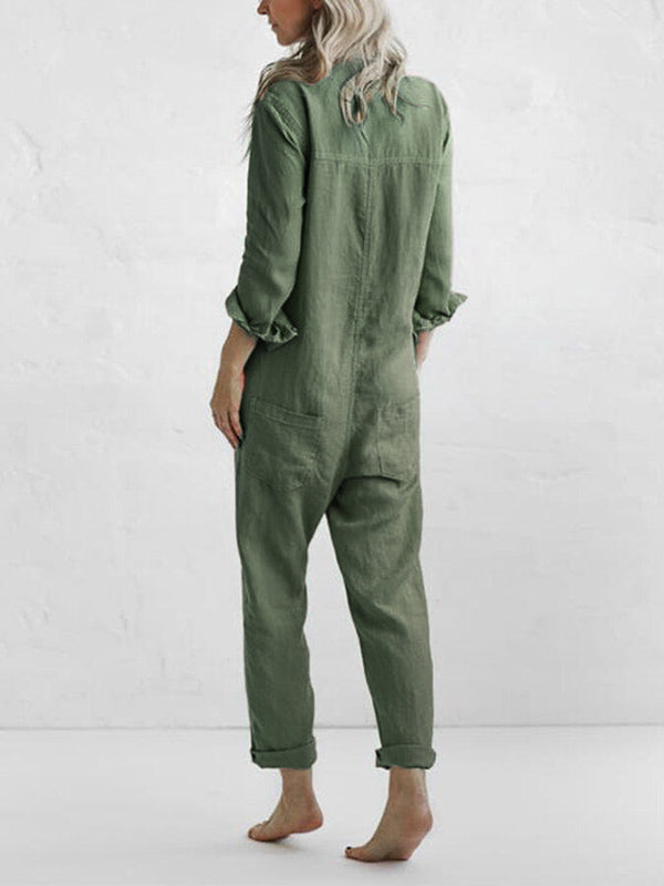 Chic women's long sleeve jumpsuit with button-up front. Versatile one-piece for casual or travel outfits.