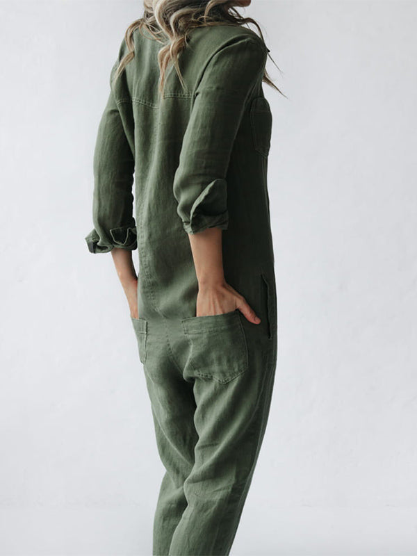 Comfortable women's button-up jumpsuit. Features long sleeves and relaxed fit, ideal for everyday fashion.