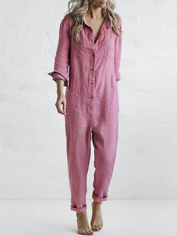 Stylish women's long sleeve button-up casual jumpsuit. Perfect for daily wear, travel, or relaxed outings.