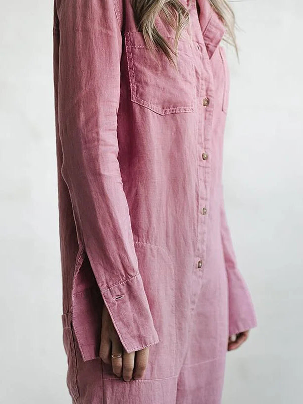 Fashionable women's casual jumpsuit. Long sleeve, button-up design offers comfort and chic style for versatile wear.