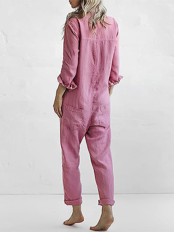 Relaxed fit women's long sleeve button-up jumpsuit. Comfortable casual one-piece for versatile daily fashion.