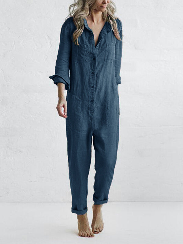 Women's long sleeve button-up jumpsuit. Casual, comfortable, and chic one-piece ideal for everyday fashion.