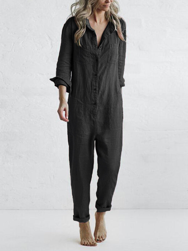 Versatile women's long sleeve casual jumpsuit. Button-up front, relaxed fit, perfect travel outfit or daily wear.
