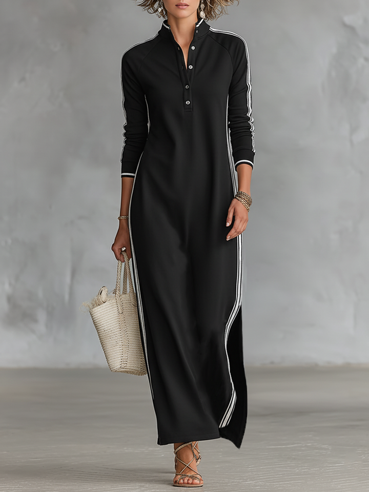 Women's casual long sleeve maxi dress with contrast trim, ideal for everyday style & comfort.