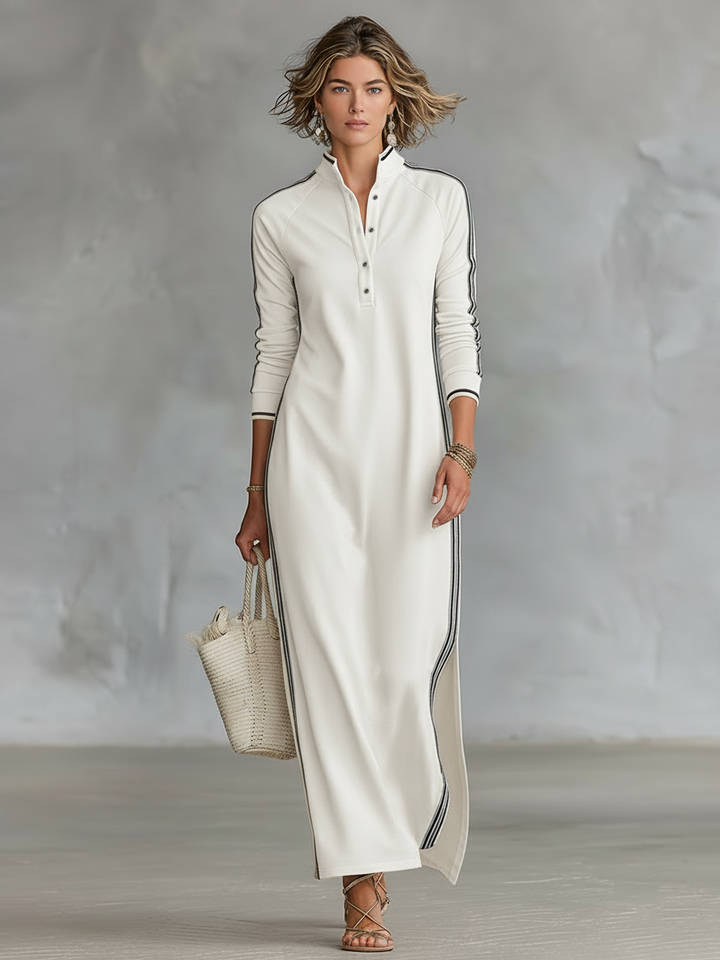 Women's long sleeve maxi dress featuring a stand collar & eye-catching contrast trim for a chic casual look.