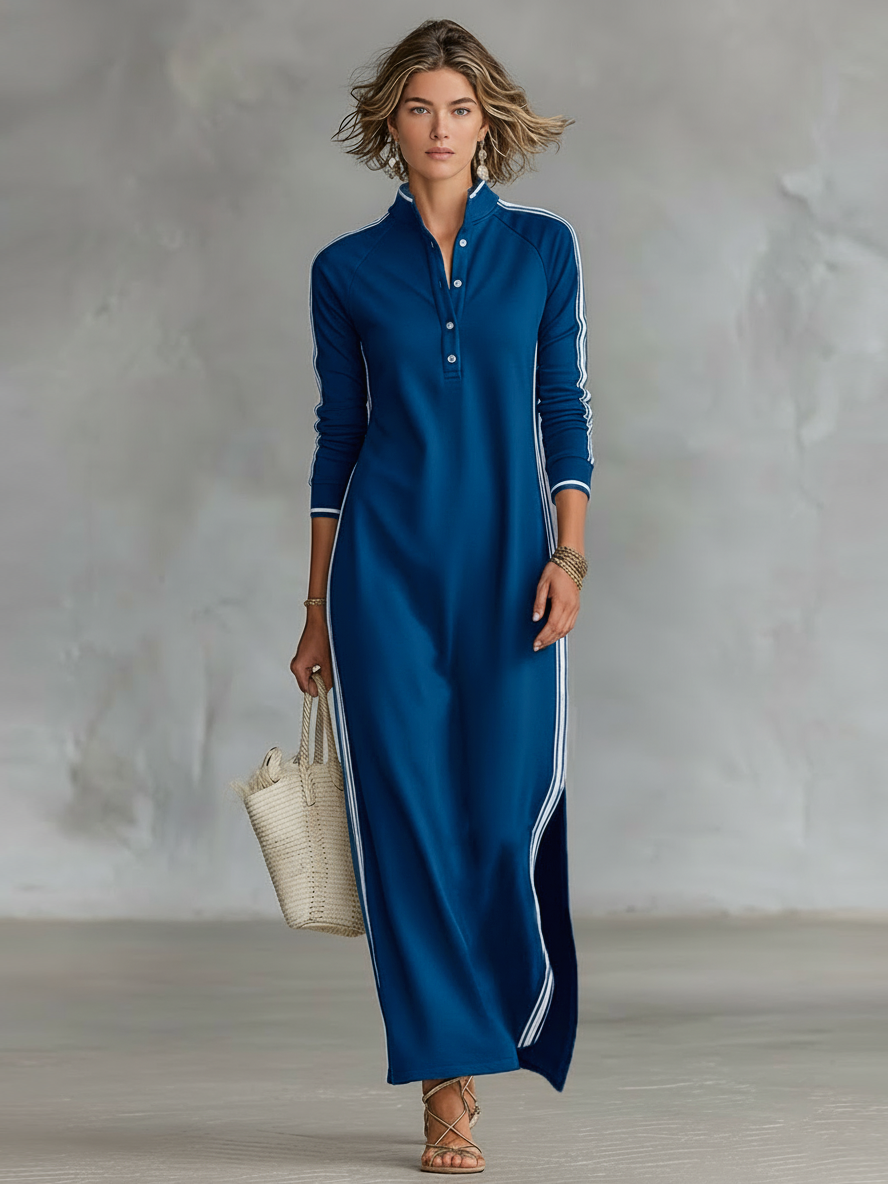 Casual long sleeve maxi dress for women with contrast trim, offering versatile everyday comfort.