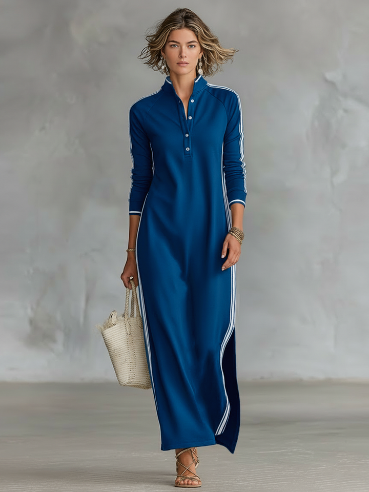Casual long sleeve maxi dress for women with contrast trim, offering versatile everyday comfort.