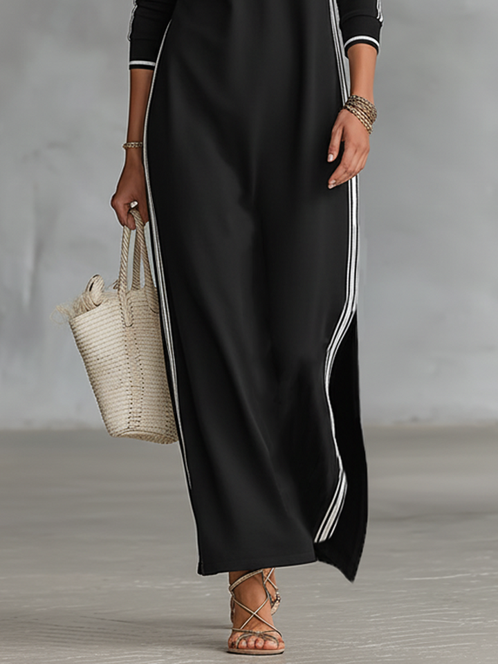 Women's versatile maxi dress with long sleeves, stand collar, and stylish contrast trim for any casual occasion.