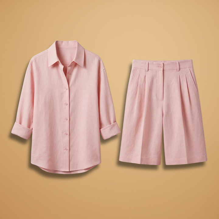 Women's casual long-sleeve shirt and high-waist shorts two-piece set, perfect for everyday summer wear.