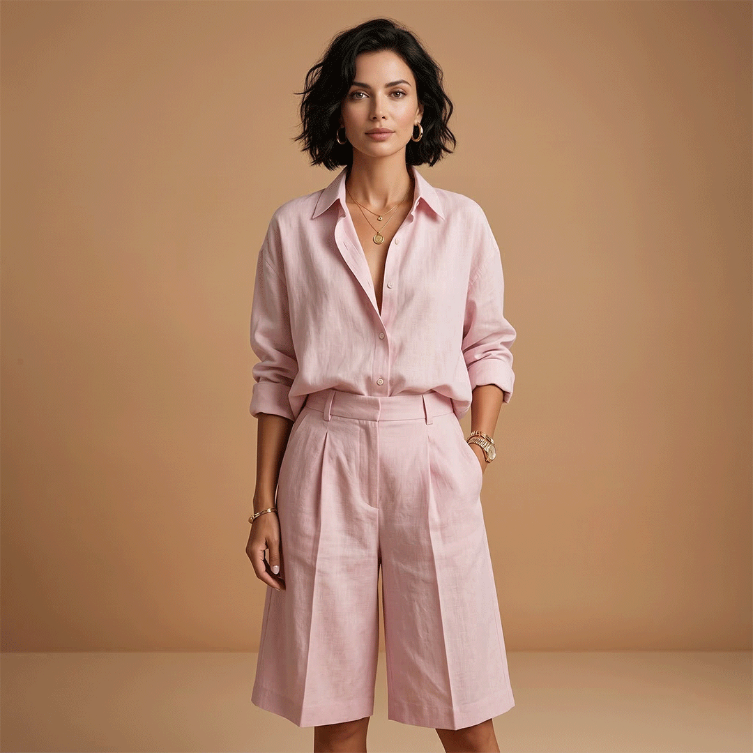 Comfortable women's travel outfit: long-sleeve shirt & high-waist shorts set for relaxed summer fashion.