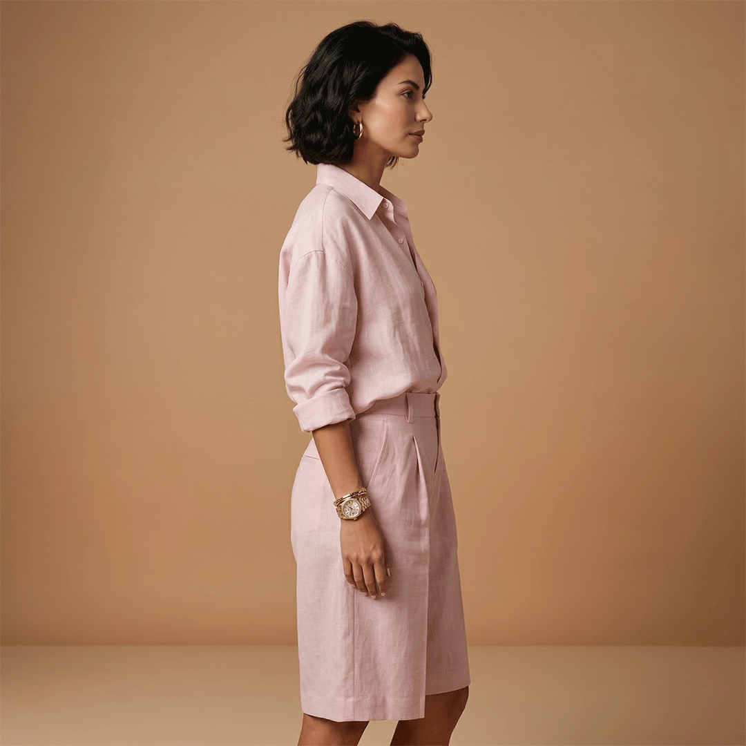 Versatile women's long-sleeve shirt & high-waist shorts two-piece set, a chic casual summer outfit.