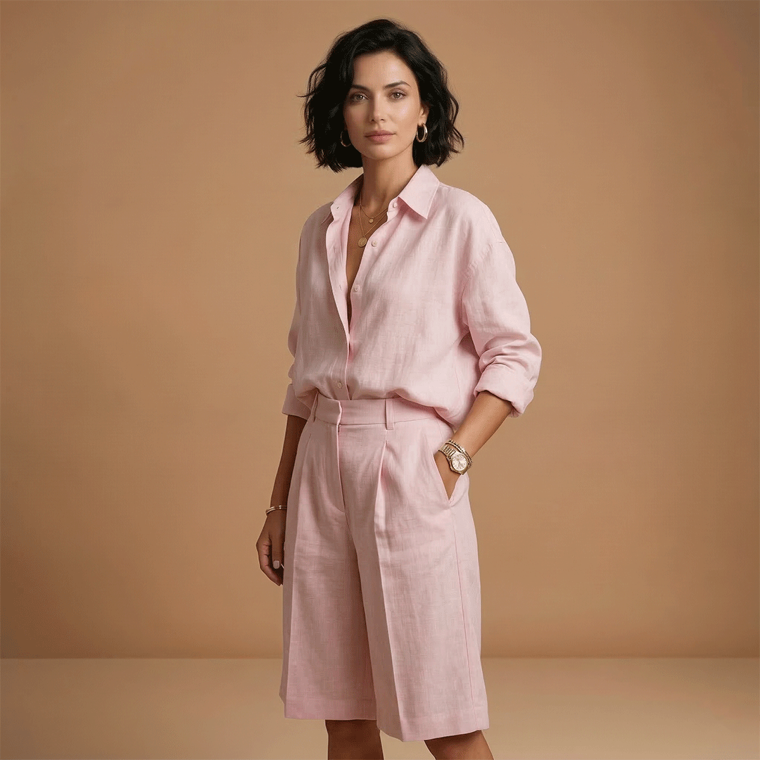 Relaxed fit women's long-sleeve shirt and matching high-waist shorts set for ultimate comfort.