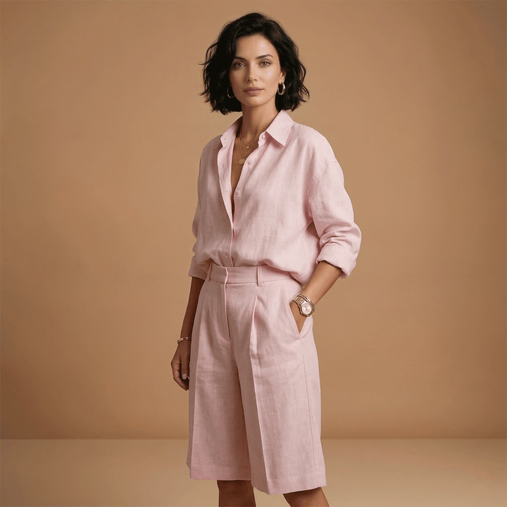 Relaxed fit women's long-sleeve shirt and matching high-waist shorts set for ultimate comfort.