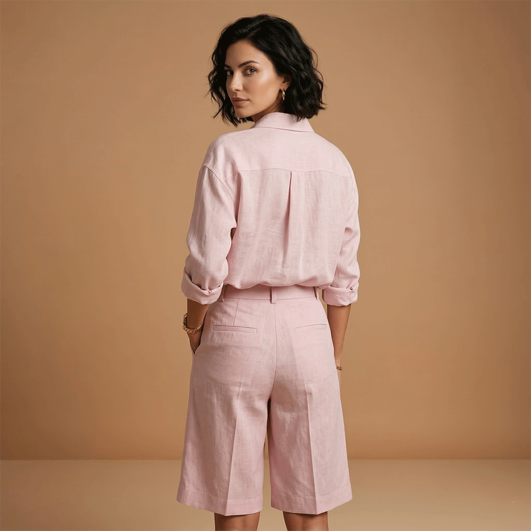 Stylish women's two-piece outfit: long-sleeve top & high-waist shorts set, ideal for casual wear.